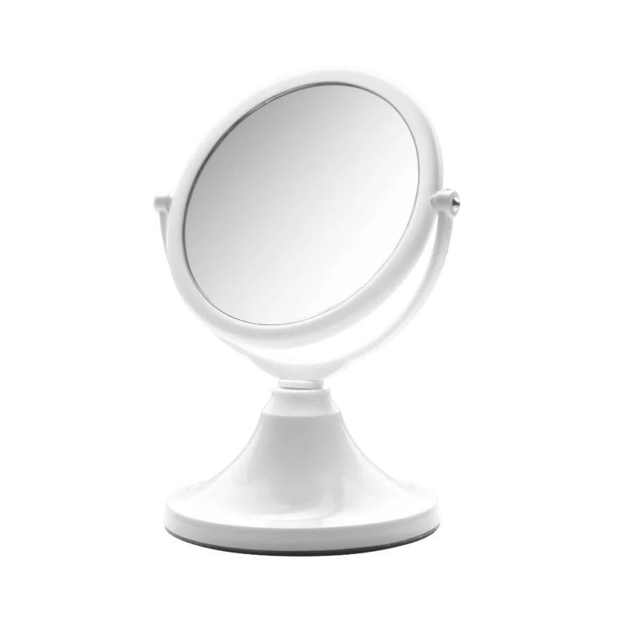 Espelho de aumento para cuidados faciais dupla-face com Ø115mm, sendo uma plana e outra com ponto focal de 30cm. Possui base para mesa e rotaciona no eixo vertical.