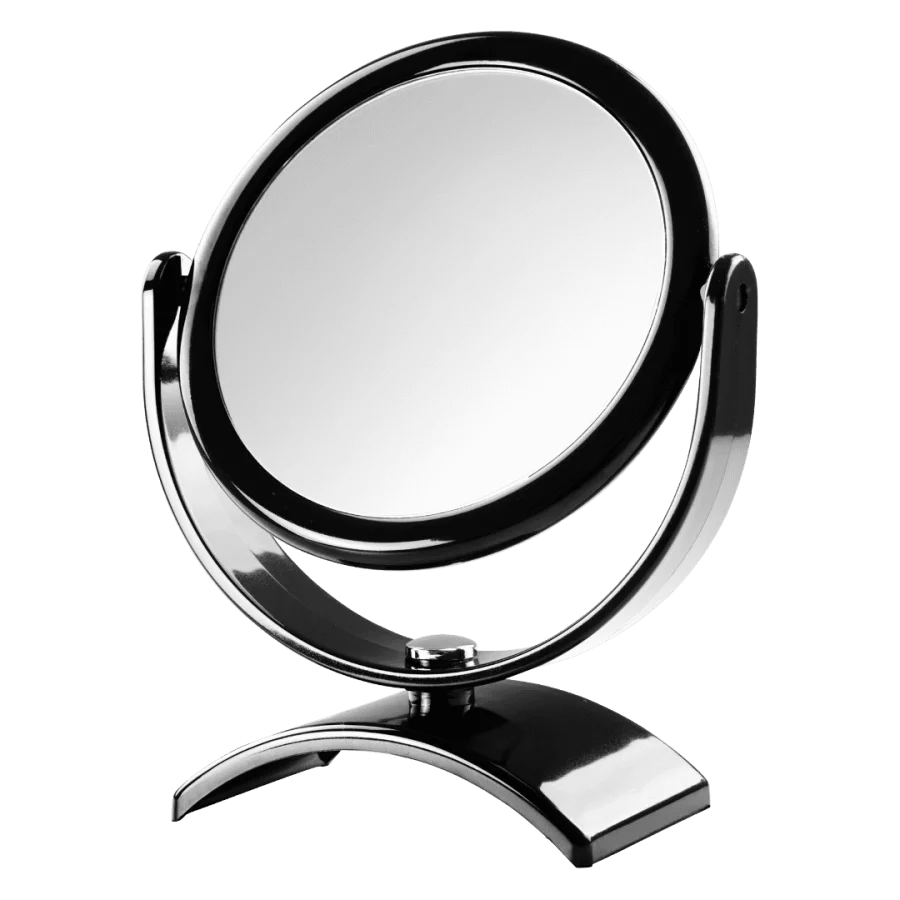 Espelho de aumento para cuidados faciais dupla-face com Ø145mm, sendo uma plana e outra com ponto focal de 30cm. Possui base para mesa e rotaciona no eixo vertical.
